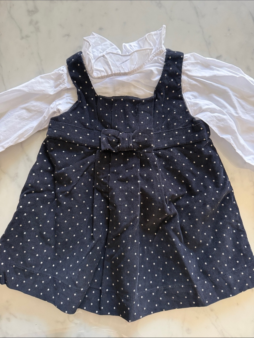 Jacadi Girls Navy Polka Dot Pinafore Dress with White Blouse